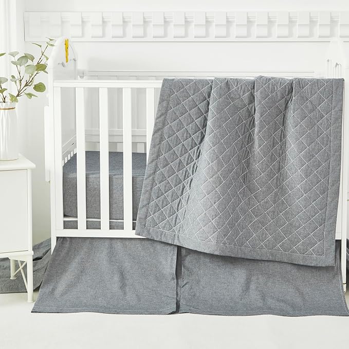 Brandream Gender Neutral Boho Bohemian Farmhouse Chic Baby Crib Bedding Set 100% Washed Cotton Like Linen Supersoft Classic Quilted Plaid Design Nursery Collection (Grey, 6-Piece)