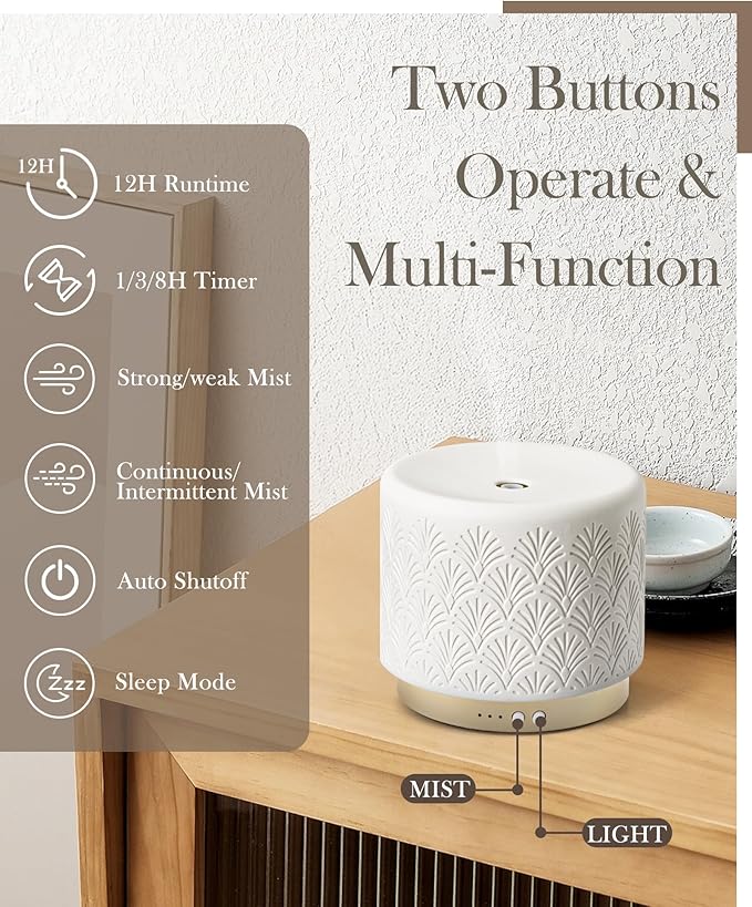 Ceramic Essential Oil Diffuser 280ml- Aromatherapy Diffuser with Ultrasonic Cool Mist Humidifier, Night Light, Timer, Auto Shut-Off, Large Room Aroma Diffuser for Home, Bedroom, Office, Yoga
