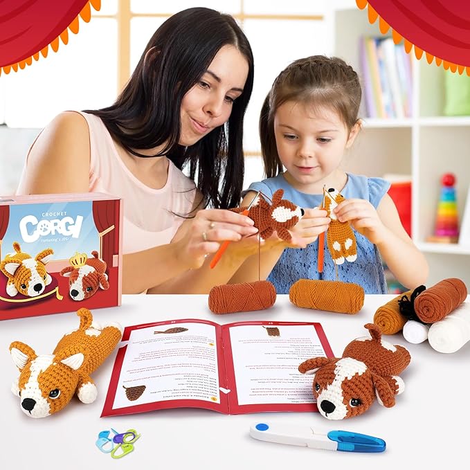 Crochet Kit for Beginners, 2 Adorable Corgi Dog Crochet Animals Kits, Easy Beginner Crochet Kit for Adults & Kids, Women & Men, DIY Craft Knitting Kit with All Supplies