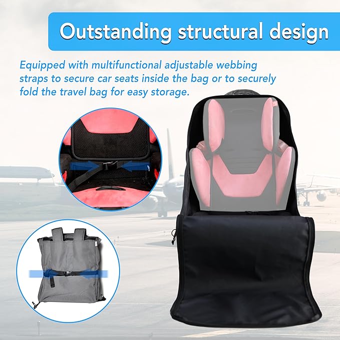 Car Seat Travel Bag with Wheels Heavy Duty Water-resistant Protective Cover for Airplane Travel & Rolling Design, Padded Handle,Padded Adjustable Strap (Grey)