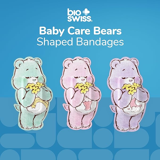 BioSwiss Care Bears Bandages, Baby Care Bear Shaped Self Adhesive Bandage, Latex Free Sterile Wound Care, Fun First Aid Kit Supplies for Kids, 24 Count