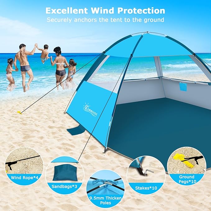 COMMOUDS Beach Tent Sun Shade for 3/4-5/6-7/8-10 Person, UPF 50+ Beach Sun Shelter Canopy Tent, Lightweight, Easy Set Up and Carry