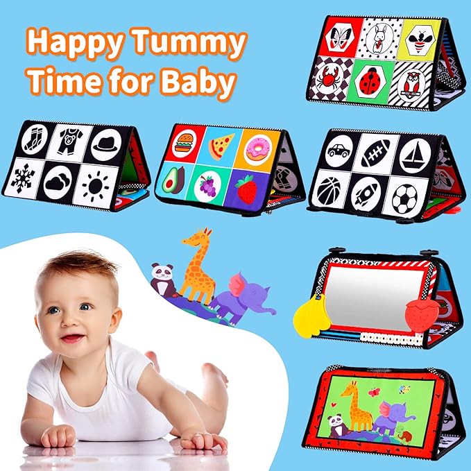 Baby Mirror Tummy Time Toys 0-3 3-6 Months Sensory Crinkle Baby Books Black and White High Contrast Baby Toys for Newborn Infant Montessori Car Seat Toys 0-6 Month Boy Girl Easter Basket Stuffers Gift