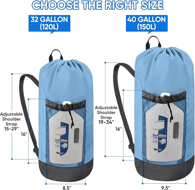 BALEINE 150L Laundry Bag Backpack, 900D Oxford Fabric Large Travel Laundry Bags with Shoulder Straps and 2 Mesh Pockets for College Dorm, Apartment, Laundromat (Blue, 150L)