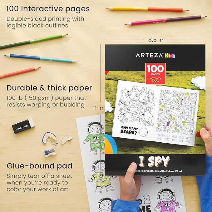 Arteza Kids Activity Book, I Spy Coloring Book, 8.5 x 11 Inches, School Supplies for Ages 6 and Up, 50 Sheets, 12 Double-Ended Colored Pencils, Black Marker, Eraser, Pencil Sharpener