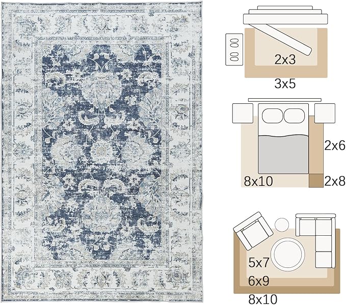 jinchan Vintage Floral 5x7 Area Rugs for Bedroom - Machine Washable Distressed Design Stain Resistant Boho Carpet Ultra-Thin Low Pile Non-Slip Rug for Living Room Dining Room Kitchen (5‘x7',Dark Blue)