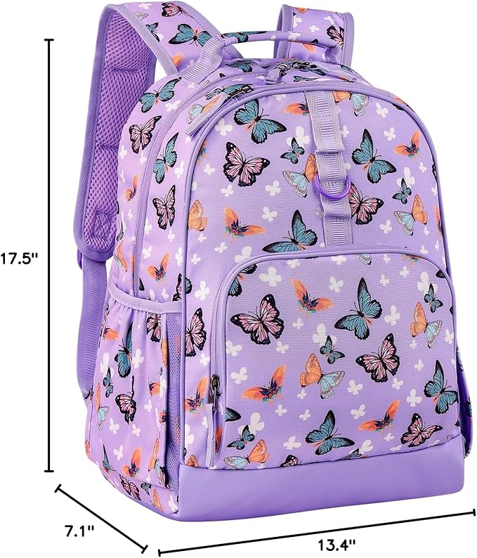 Choco Mocha Butterfly Backpack for Girls, Elementary School Backpack for Girls Ages 6-8 Kids Kindergarten Backpack Bookbag 17 Inch with Chest Strap, Purple