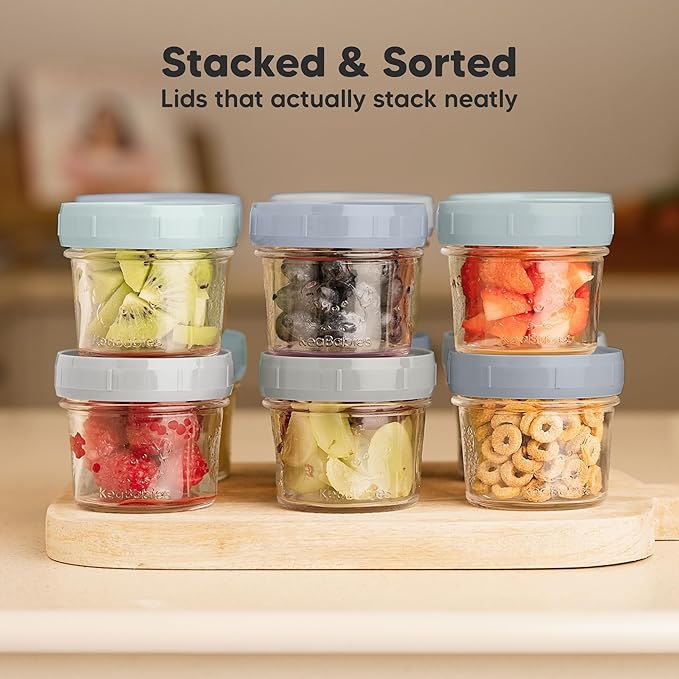 KeaBabies 6pk 4oz Glass Baby Food Containers with Lids - Leak-Proof, Microwavable Small Glass Jars, Baby Purees & Toddler Snack Storage Containers, BPA-Free, Dishwasher & Freezer Safe(Slate)