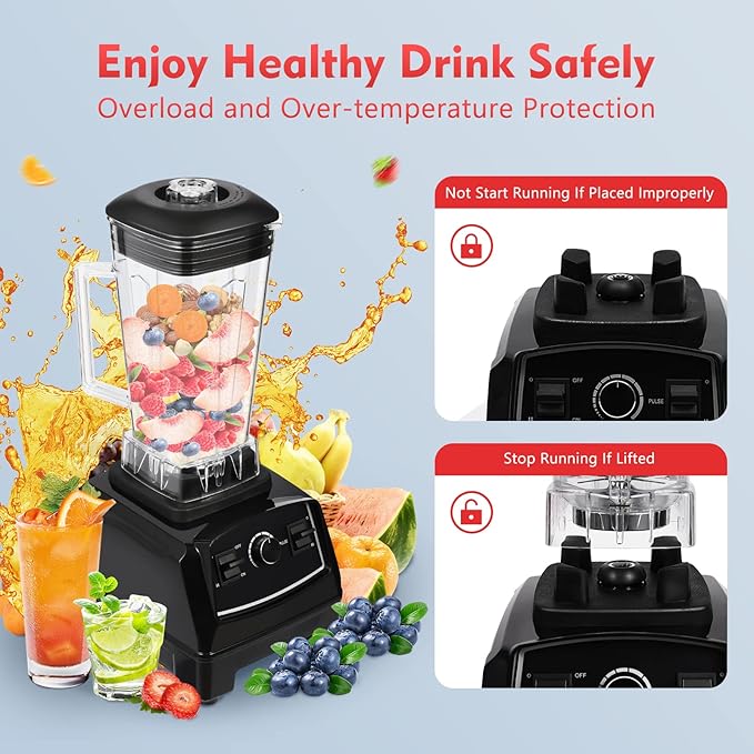 Blender 2L Automatic Smoothie Mixer Baby Food Blender 68oz Fruit Vegetables Juicer 2200W High-Speed Blender Tabletop Soundproof Milkshake Maker (Black)