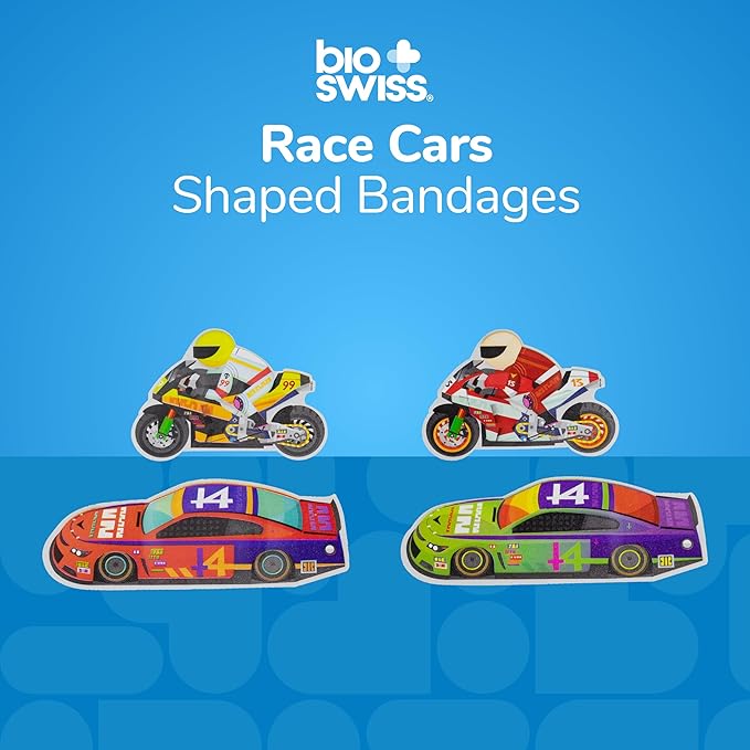 BioSwiss Bandages, Race Cars Shaped Self Adhesive Bandage, Latex Free Sterile Wound Care, Fun First Aid Kit Supplies for Kids and Adults, 24 Count