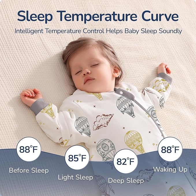 Baby Sleep Sack 3-6 Months, Cotton Detachable Long Sleeve Sleep Sack, 2.5 Tog Toddler Sleeping Sack with Temperature Strips, 2-Way Zipper Wearable Blankets for Newborns, Hot Air Balloon