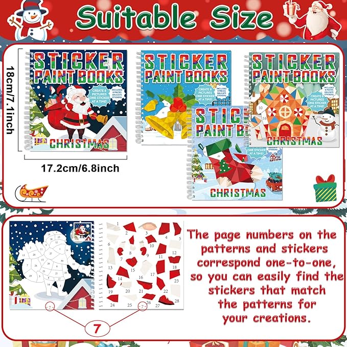 4 Pcs Christmas Paint by Sticker Books for Kids Ages 4-8 Sticker by Number Books Activity Book for Kids Ages 3-5 Sticker Puzzle Book Craft Art Toddlers Gift Snowman Santa Claus Xmas Tree 32 Pictures