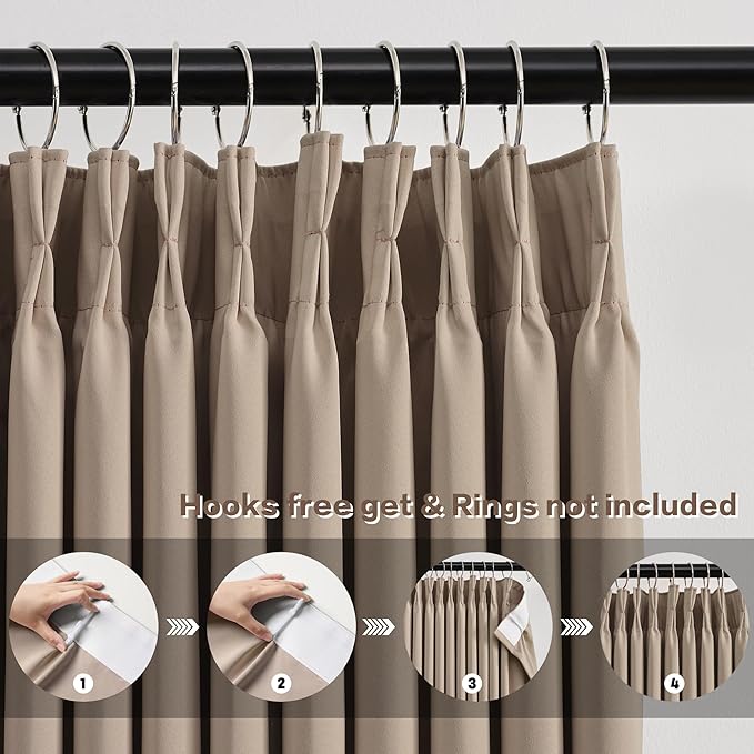KEQIAOSUOCAI Pinch Pleated Window Curtain Panels 104 Inches Long Light Blocking Solid Custom Made Pleated Curtains Hooks Track Privacy Memory Shape Drape for Living Room,Khaki,40x104, Set of 2