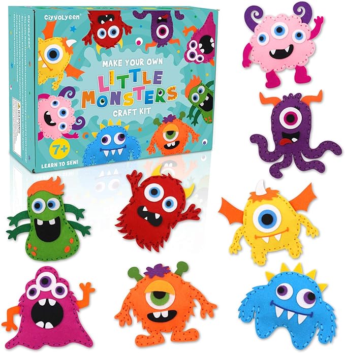 CiyvoLyeen Little Monsters Sewing Craft Kit for Children Adopt A Monster Felt Plush DIY Sewing Art Kids Educational Toys Monster Bash Craft Gift for Beginners Set of 8