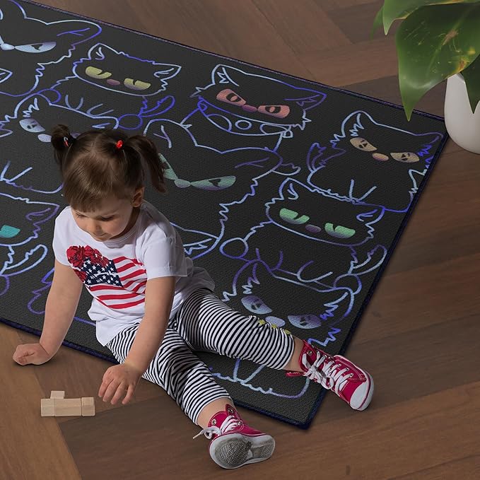 Black Play Cat Rug for Playroom for Boys Girls 59"x39" Funny Cute Cat Cartoon Decor for Bedroom Living Room Non-Slip Comfy Floor Casual Mat Carpet Washable