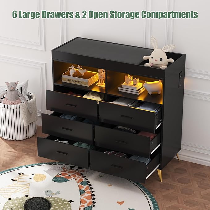 Changing Table Dresser with Drawers, Baby Dresser with Changing Table Top, Power Outlet, LED Light & Metal Feet, Diaper Changing Station Nursery Organizer for Infants Newborn, Black