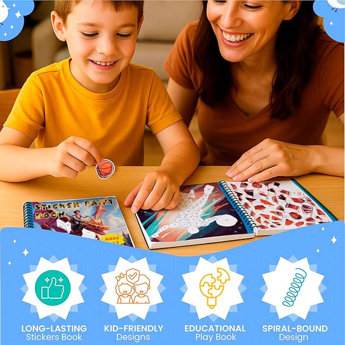 BulbaCraft 4Pcs Sticker Paint Books for Boys - Sticker Books by Number with Superheroes, Sports, Vehicles and Adventures - Coloring Activity for Kids