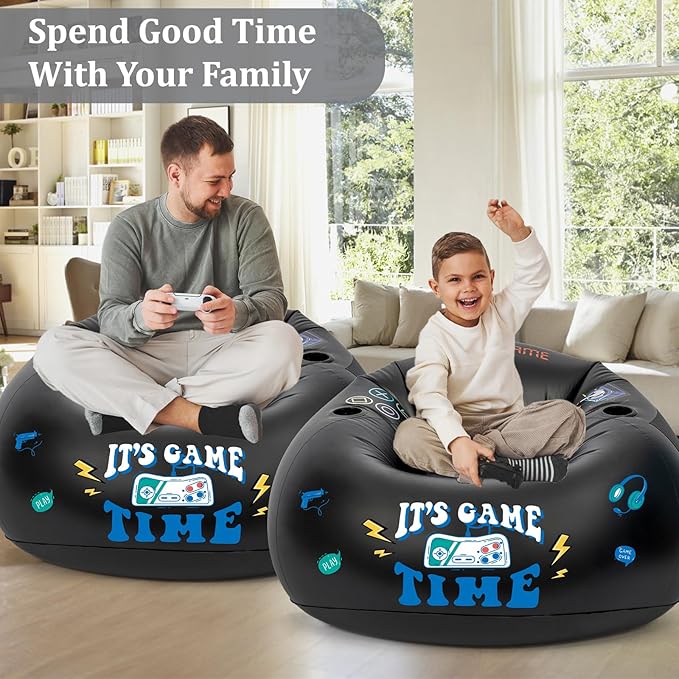 Inflatable Gaming Chair for Kids, Floor Bean Bag Chair for Teens - Boys Room Furniture with Cup Holder and Side Pocket, Inflatable Gaming Couch for Boys Room, Cool Kids Blow Up Couch Decor for Teens