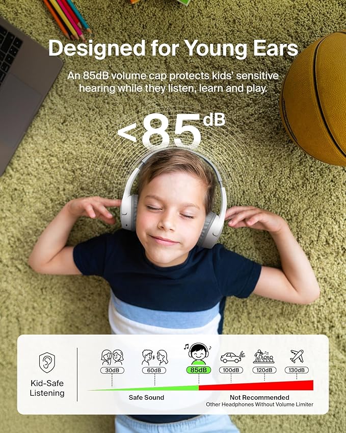 Belkin SoundForm Mini - Wireless Bluetooth Kids Headphones, 30H Battery, 85dB Safe Volume Limit, Built-in Microphone - Toddler On-Ear Earphones for iPhone, iPad, Fire Tablet, Ideal for School - White