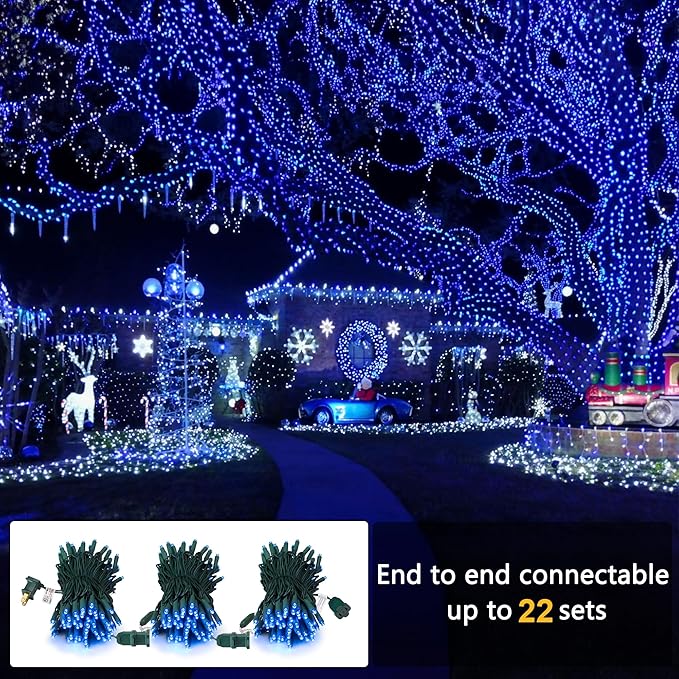 Brizled Blue Christmas Lights, 33ft 100 LED 5MM Wide Angle Christmas Tree Lights, 120V UL Certified Mini String Light Connectable Outdoor Waterproof Blue Light for Xmas Room Party Decor, Green Wire