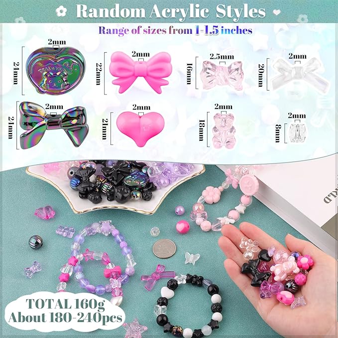 Assorted 180-240PCS Acrylic Beads for Bracelet Making,Flower Bow Butterfly Candy GummyBear Kawaii Aesthetic Bracelet Charms, Cute Beads for Jewelry Making Necklace Keychain Phone Charms DIY