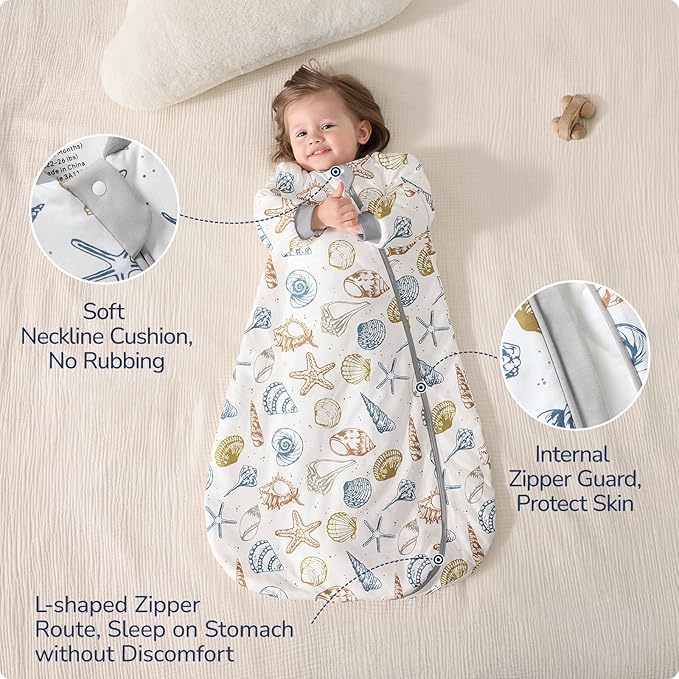 Baby Sleep Sack 3-6 Months, Cotton Detachable Long Sleeve Sleep Sack, 1.0 Tog Toddler Sleeping Sack with Temperature Strips, 2-Way Zipper Wearable Blankets for Newborns, Ocean
