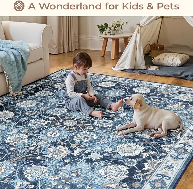 Blue 9x12 Area Rugs for Living Room, Washable Large Rug, Vintage Floral Soft Carpet, Non Slip & Low Pile, Wool Carpets for Indoor Bedroom Dining Home Playroom Office Under Table, Blue Garden