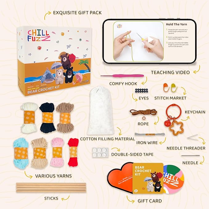 ChillFuzz Animal Crochet Kit Beginner Crochet Kit for Adults and Kids with Soft Yarn Hook and Instructions Cute Handmade DIY Gift Bear