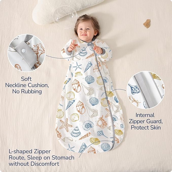 Baby Sleep Sack 6-12 Months, Cotton Detachable Long Sleeve Sleep Sack, 2.5 Tog Toddler Sleeping Sack with Temperature Strips, 2-Way Zipper Wearable Blankets for Newborns, Ocean