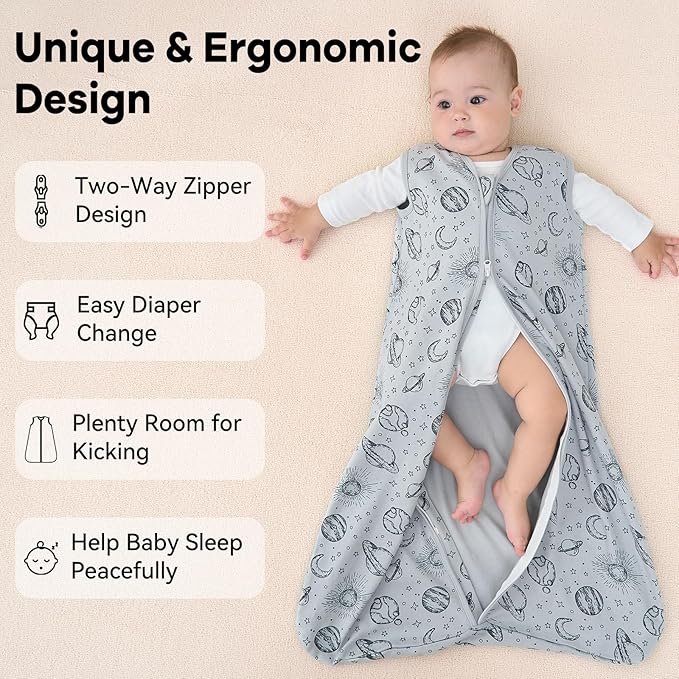 Baby Sleep Sack 12-18 Months 3 Pack 100% Cotton Lightweight 0.5 TOG Wearable Blanket Baby Sleep Bag with 2-Way Zipper for Newborn Infant White Gray Blue Space