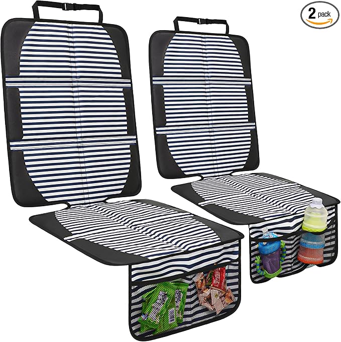 Car Seat Protector for Child Car Seat, 2 Pack Baby Car Seat Covers with Mesh Pockets & Non-Slip Backing 600D Durable Seat Protector Under Baby Car Seat for Car Back Seat (Stripe, Large)