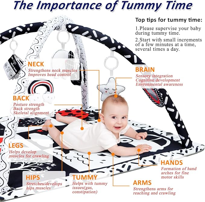 Black and White Baby Gym Play Mat with 6 Toys Tummy Time Activity Mat for Babies 0-6 6-12 Months High Contrast Baby Gyms & Playmats Sensory Toys Newborn Brain Development Infant Play Mat