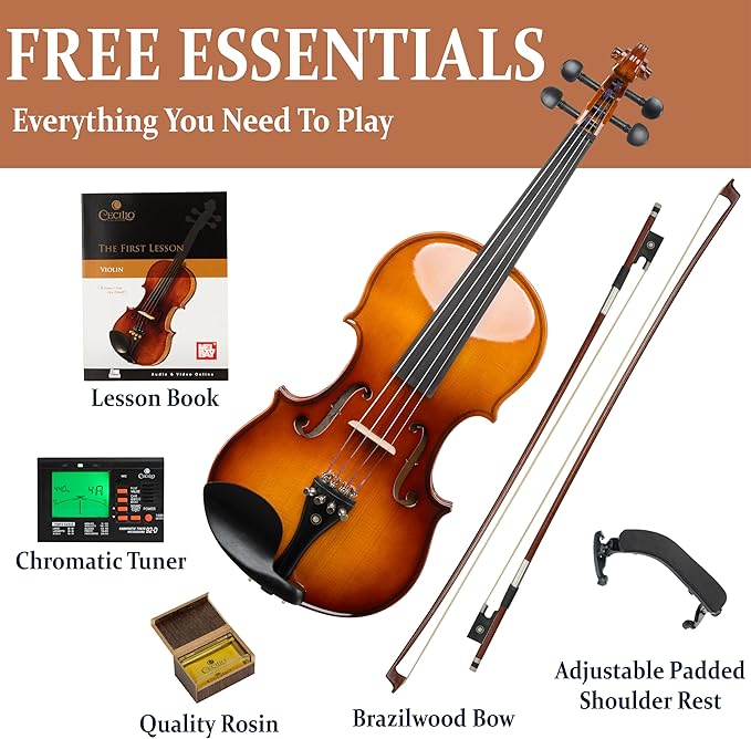 Cecilio 3/4 Violin Solidwood Violin with D'Addario Prelude Strings, Bow, Rosin, Tuner, Shoulder Rest & Lesson Book – Ideal for Beginners