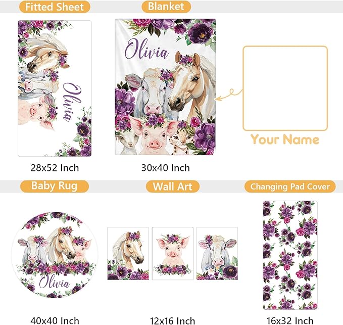 Custom Baby Crib Bedding Set, 5 Pcs Personalized Name Baby Crib Sets for Infant Toddler, Floral Horse Nursery Bedding Set for Baby Girls, Double Layer Baby Bedding Sets, Gifts for New Parents