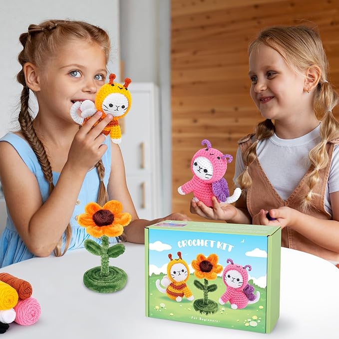 Crochet Kit for Beginners, 2PCS Cats Dressed as Bee and Butterfly Crochet Kits with Step-by-Step Video Tutorials, Beginner Crochet Kits for Kids and Adults, Animal Crocheting Kit for Starters