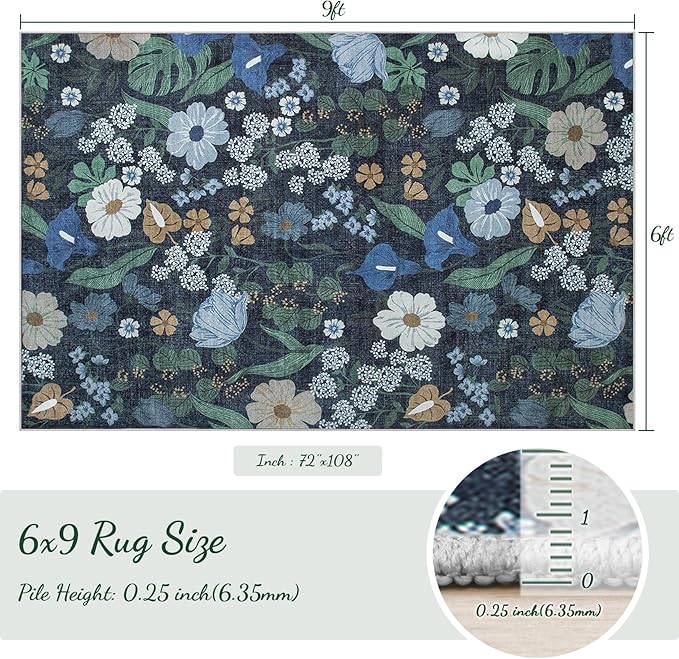 Area Rug Living Room Rugs: 6x9 Washable Rug Vintage Floral Soft Boho Non Slip Carpet Indoor Floor Non Shedding Low Pile Thin Carpets for Bedroom Dining Room Farmhouse Nursery Home Office Blue