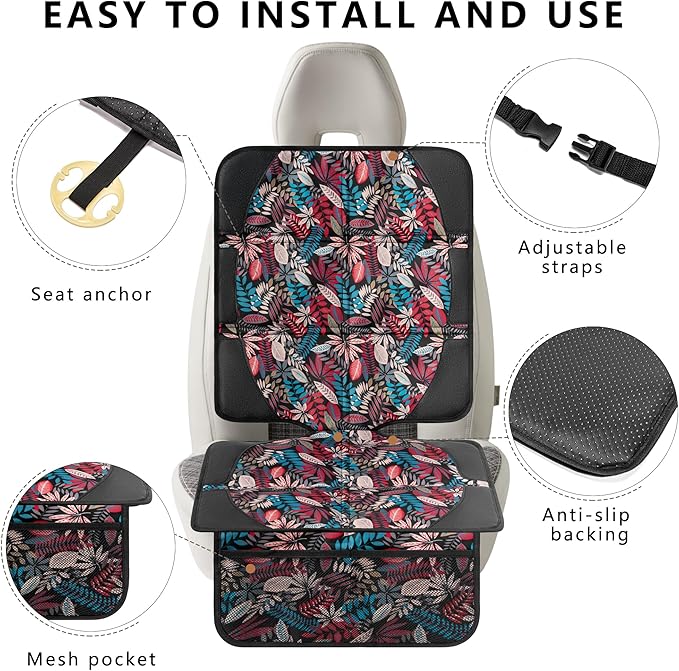 Car Seat Protector for Child Car Seat, 2 Pack Baby Car Seat Covers with Mesh Pockets & Non-Slip Backing 600D Durable Seat Protector Under Baby Car Seat for Car Back Seat (Red Leaves, Large)