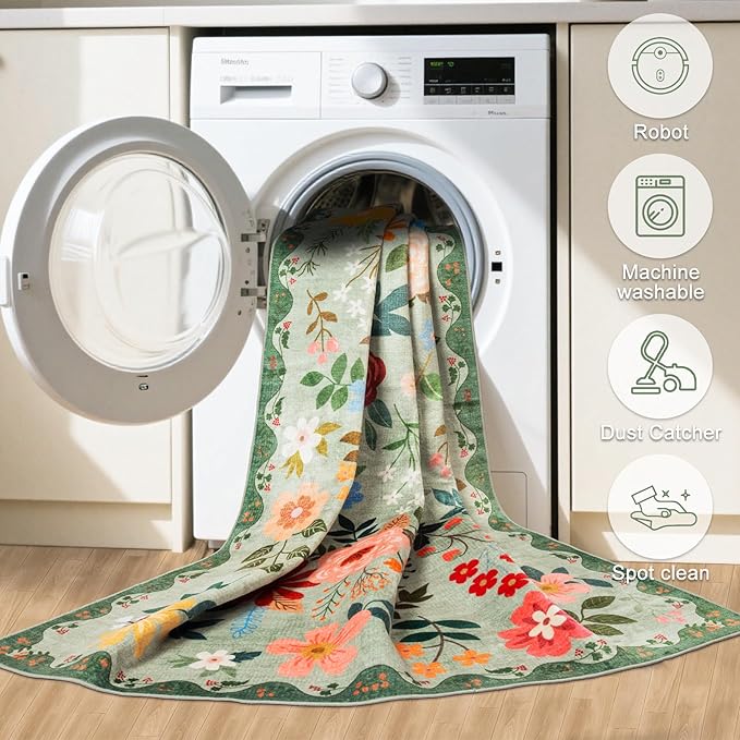 Area Rugs 9x12 Living Room: Floral Washable Rug Vintage Large Soft Boho Non-Slip Carpet Indoor Stain Resistant Low Pile Carpets for Bedroom Dining Room Farmhouse Nursery Hallway Home Office Green