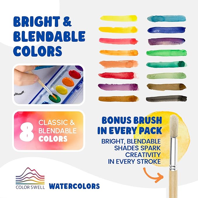 Color Swell Bulk Watercolors Paint Pack with Wood Brushes - 36 Sets with 8 Washable Colors Each - Perfect for Kids, Classrooms, Parties, Students, Donations, Party Favors, All Ages