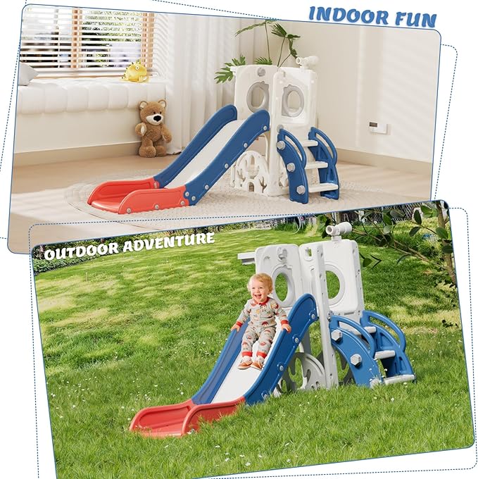 67i Toddler Slide for Kids - Foldable Indoor/Outdoor Plastic Slide with Basketball Hoop, Anti-Slip Steps, Safe & Durable Playground Equipment for 1-3 Years (Red Blue)