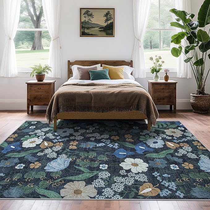 Area Rug Living Room Rugs: 6x9 Washable Rug Vintage Floral Soft Boho Non Slip Carpet Indoor Floor Non Shedding Low Pile Thin Carpets for Bedroom Dining Room Farmhouse Nursery Home Office Blue