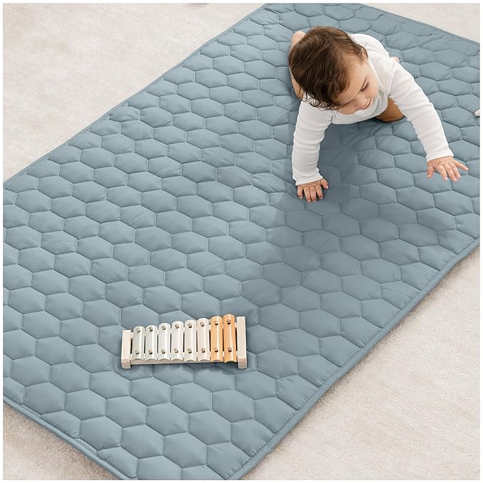 Comfy Cubs Rectangle Kids Play Mat - Small 36 x 60 inches Soft Quilted Baby Floor Mat with Non-Slip Bottom - Plush Design for Toddlers' Playtime and Relaxation - Comfortable and Durable - Pacific Blue