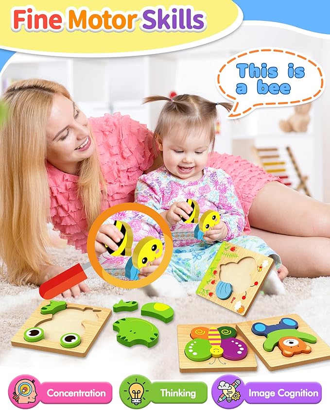 Bekayshad Wooden Puzzles Toddler Toys Gifts for 1 2 3 Year Old Boys Girls, 4 Pack Animal Jigsaw Puzzles Montessori Toys, Learning Educational Christmas Birthday Gifts for Girls Boys Ages 1-3