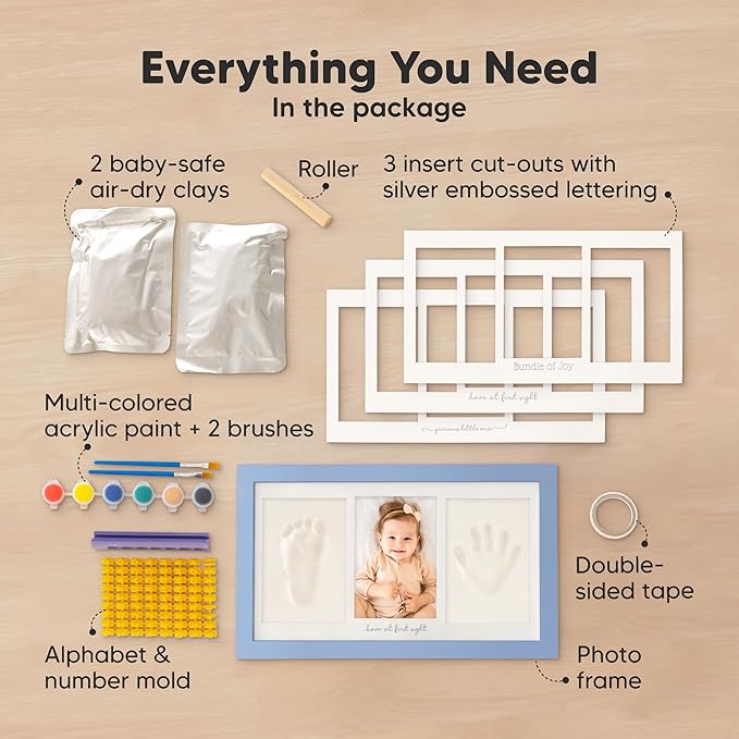 Baby Hand and Footprint Kit - Clay Handprint Keepsake Frame, Newborn Nursery Picture Frame, Personalized New Mom Gifts for Baby Shower & Registry (Cornflower)