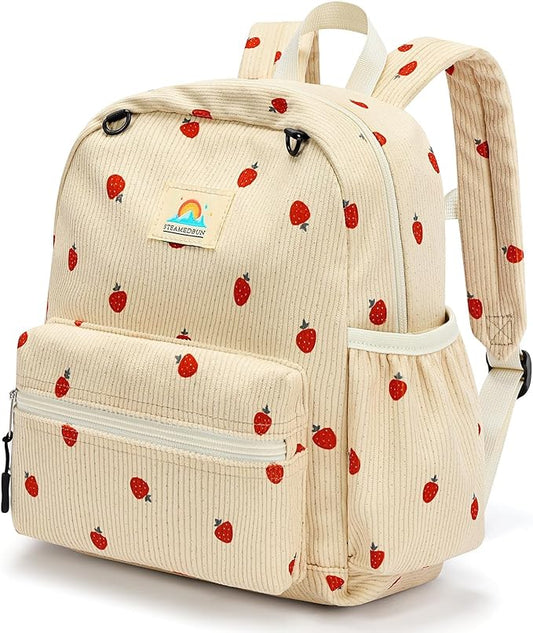 Corduroy Toddler Backpack for Girls 2-4: Kids backpack for Boys Girls - 12 inch Preschool Kindergarten Backpacks - Strawberry