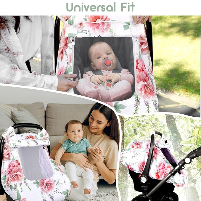Baby Carseat Cover Girls, Pea Pod Floral Infant Car Seat Covers Canopy for Newborn with 2 Layers Windows of Breathable Mesh/Fabric, Lightweight Polyester/Minky Dot Backing, Snug Fit Most Baby Car Seat