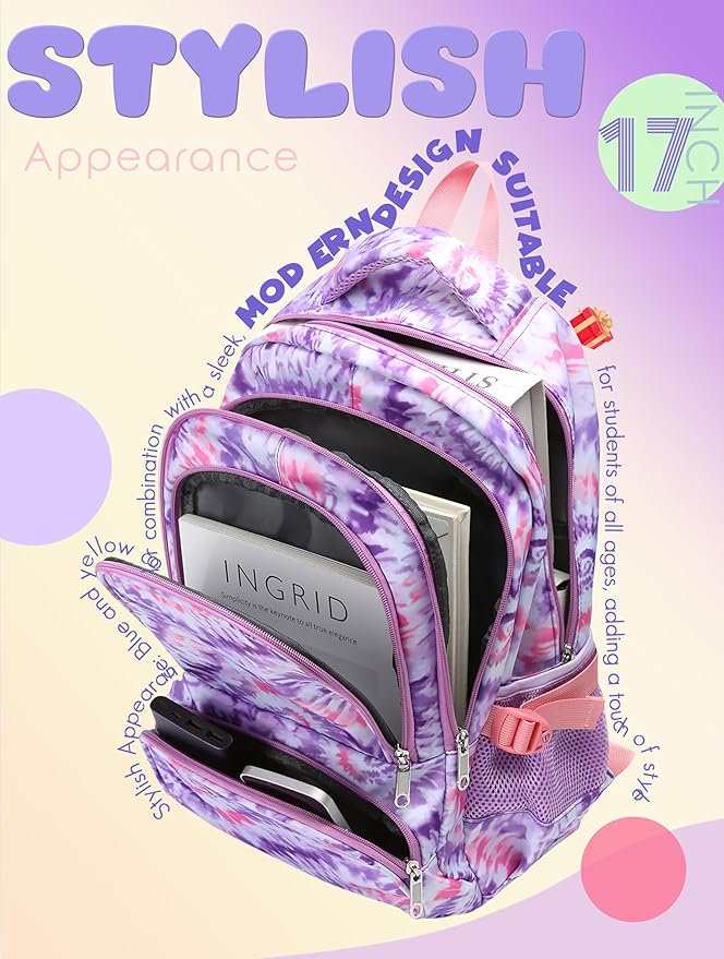 BLUEFAIRY Kids Backpack for Girls Elementary Primary Middle School Bag for Aged 8-10 for Teens Childs Bookbag Back to School Bag Mochilas Escolares para Niñas de 7 8 9 10 Tie-dye Purple