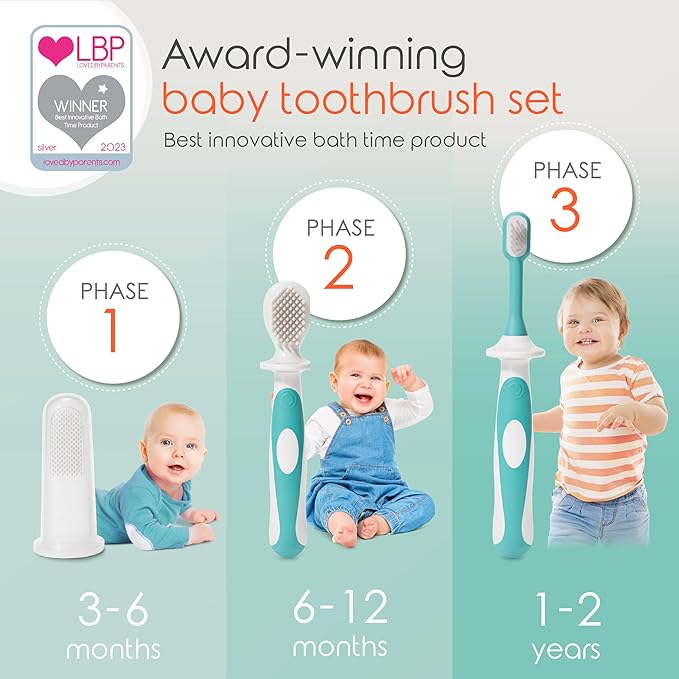 Cherish Baby Care Baby Toothbrush & Toddler Toothbrush Set (0-2 Years) - BPA-Free & Safety-Tested, 2023 Award Winner, Food-Grade Silicone (Teal)