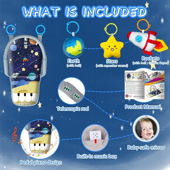 Car Seat Toys for Baby Infant 6 Months and Up, Carseat Toys with Musical Pedal Piano, Baby Mirror and Hanging Squeaky Sensory Soft Baby Toys 6 to 12 Months, Baby Car Toys Rear Facing