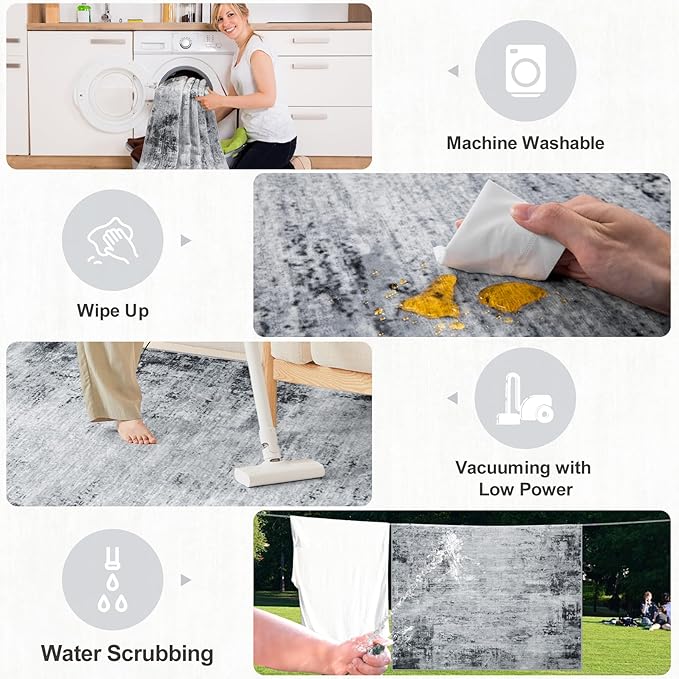 Area Rugs 9x12 Living Room - Washable Rug Modern Abstract Soft Large Neutral Non-Slip Carpet Indoor Floor Thin Carpets for Bedroom Dining Room Farmhouse Nursery Home Office Black